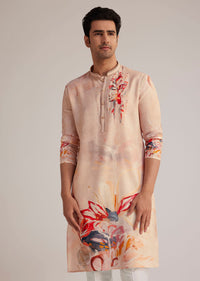 Beige Linen Kurta With Floral Print