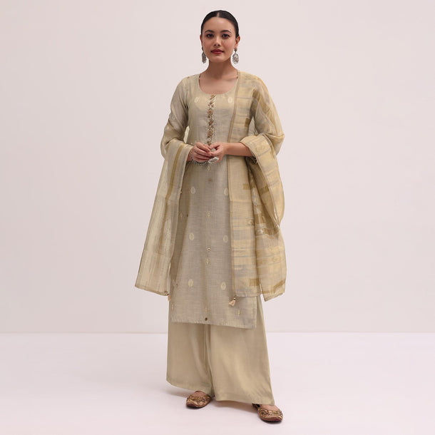 Beige Linen Silk Kurta Palazzo Set