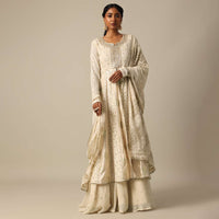 Beige Lucknowi Kurta Skirt Set With Sequin Work