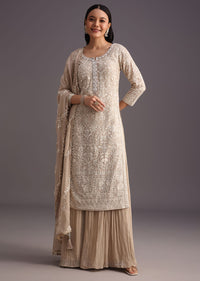 Beige Lucknowi Kurti With Flared Palazzo And Resham Work Dupatta