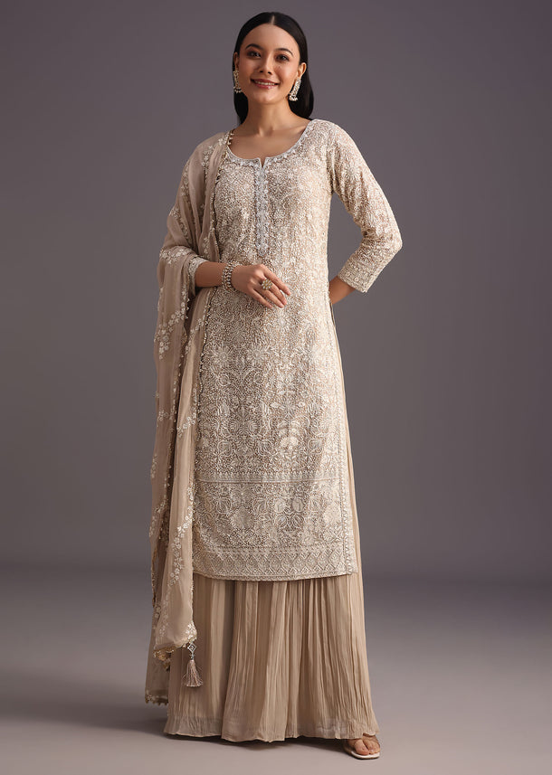 Beige Lucknowi Kurti With Flared Palazzo And Resham Work Dupatta