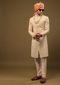 Tan Brown Lucknowi Sherwani Set With Zari And Mirror Work