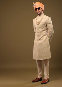 Tan Brown Lucknowi Sherwani Set With Zari And Mirror Work