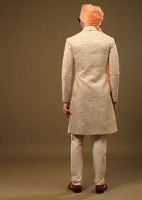 Tan Brown Lucknowi Sherwani Set With Zari And Mirror Work