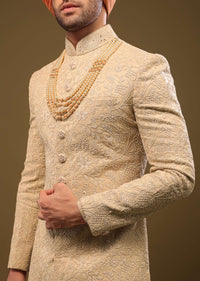 Tan Brown Lucknowi Sherwani Set With Zari And Mirror Work