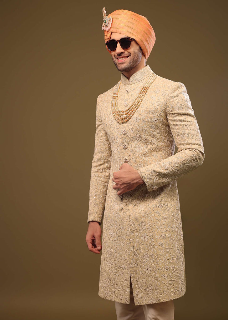 Tan Brown Lucknowi Sherwani Set With Zari And Mirror Work