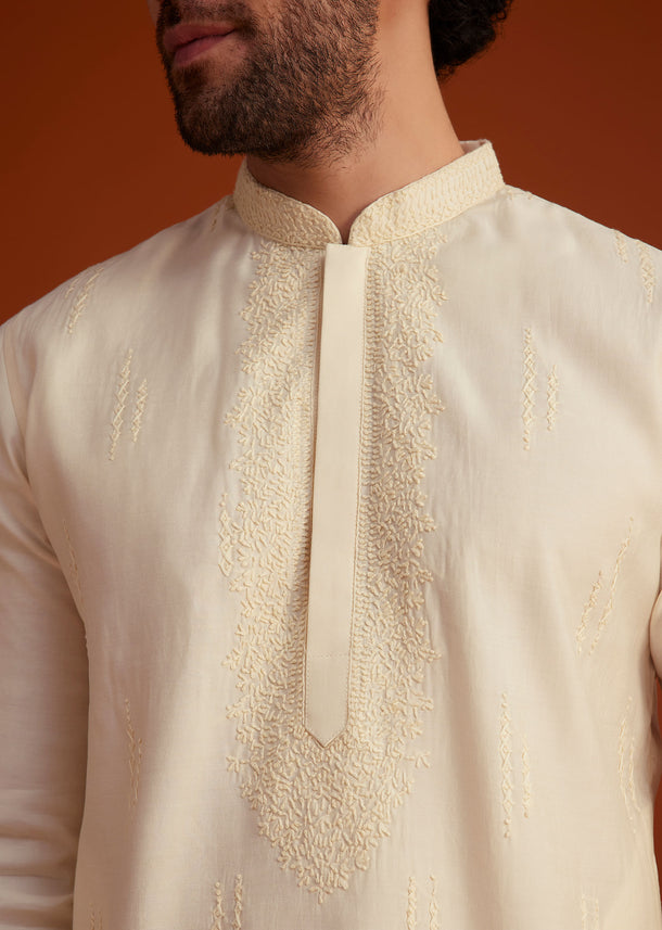 Beige Minimal Embroidered Kurta Pajama Set