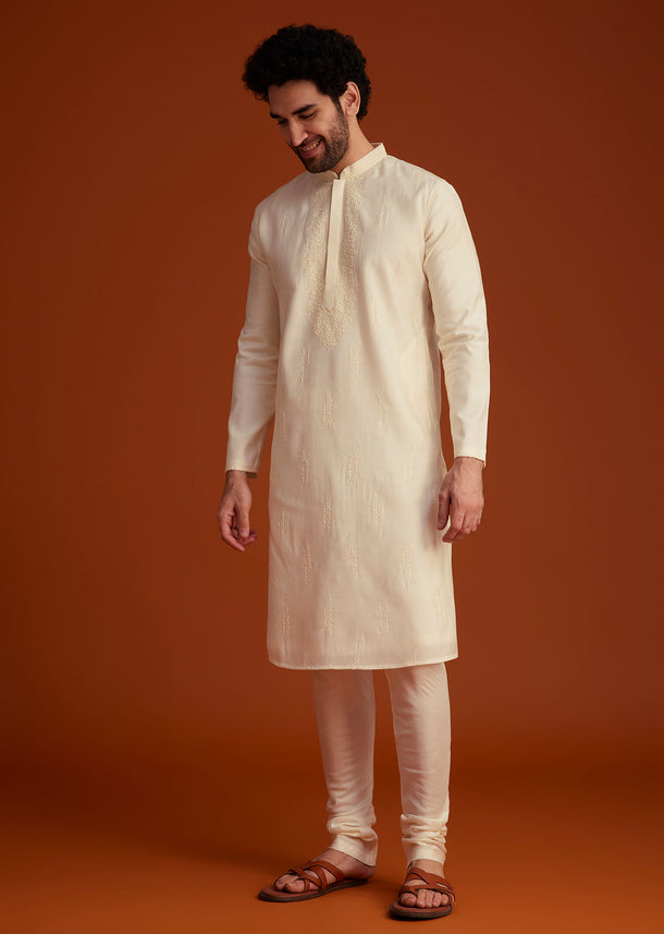 Beige Minimal Embroidered Kurta Pajama Set