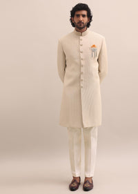 Beige Moti Embroidered Sherwani For Men