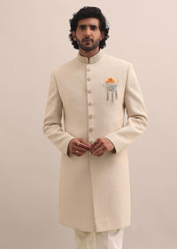 Beige Moti Embroidered Sherwani For Men