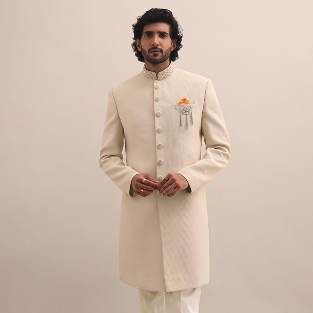 Beige Moti Embroidered Sherwani For Men