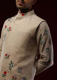 Beige Nehru Jacket Set In Linen With Multi Colored Resham Embroidered Floral Motifs