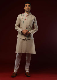 Beige Nehru Jacket Set In Linen With Multi Colored Resham Embroidered Floral Motifs
