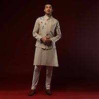 Beige Nehru Jacket Set In Linen With Multi Colored Resham Embroidered Floral Motifs