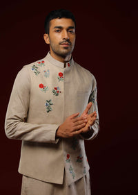Beige Nehru Jacket Set In Linen With Multi Colored Resham Embroidered Floral Motifs