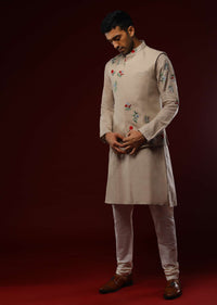 Beige Nehru Jacket Set In Linen With Multi Colored Resham Embroidered Floral Motifs