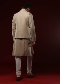 Beige Nehru Jacket Set In Linen With Multi Colored Resham Embroidered Floral Motifs