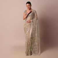 Beige Organza Silk Chikankari Saree With Sequin Scallop Work And Unstitched Blouse Fabric