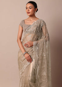 Beige Organza Silk Chikankari Saree With Sequin Scallop Work And Unstitched Blouse Fabric