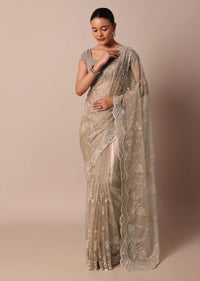 Beige Organza Silk Chikankari Saree With Sequin Scallop Work And Unstitched Blouse Fabric