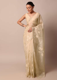 Beige Organza Silk Saree With Appliqué Work And Unstitched Blouse Fabric