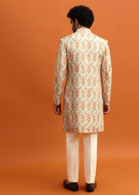 Beige Paisely Printed Sherwani With Resham Work For Men