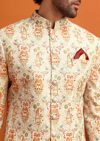 Beige Paisely Printed Sherwani With Resham Work For Men