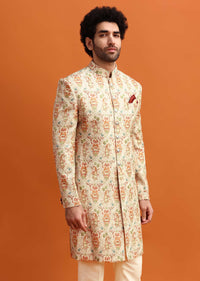 Beige Paisely Printed Sherwani With Resham Work For Men