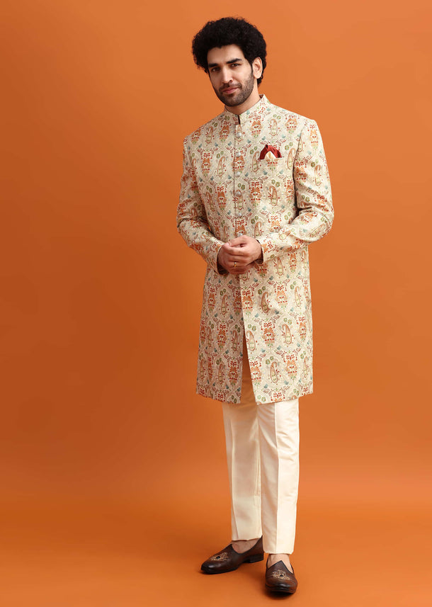 Beige Paisely Printed Sherwani With Resham Work For Men