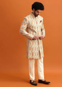 Beige Paisely Printed Sherwani With Resham Work For Men