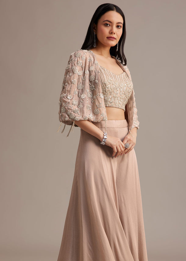 Beige Palazzo Set With Beads Sequins And Tassel Detailed Cape