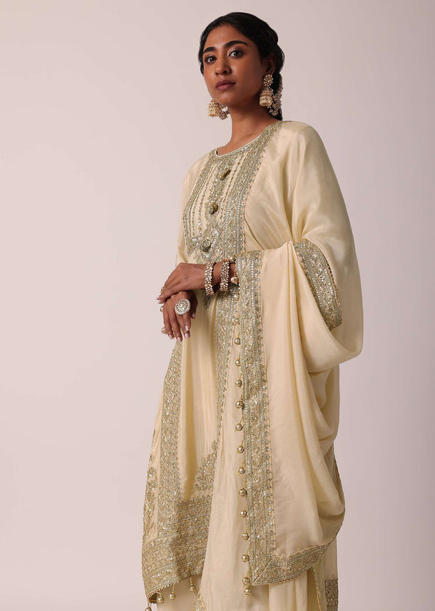 Beige Pant Set With Zardozi Work Kurta