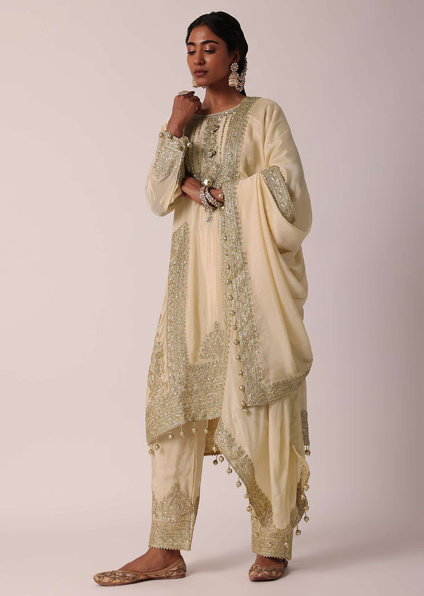 Beige Pant Set With Zardozi Work Kurta