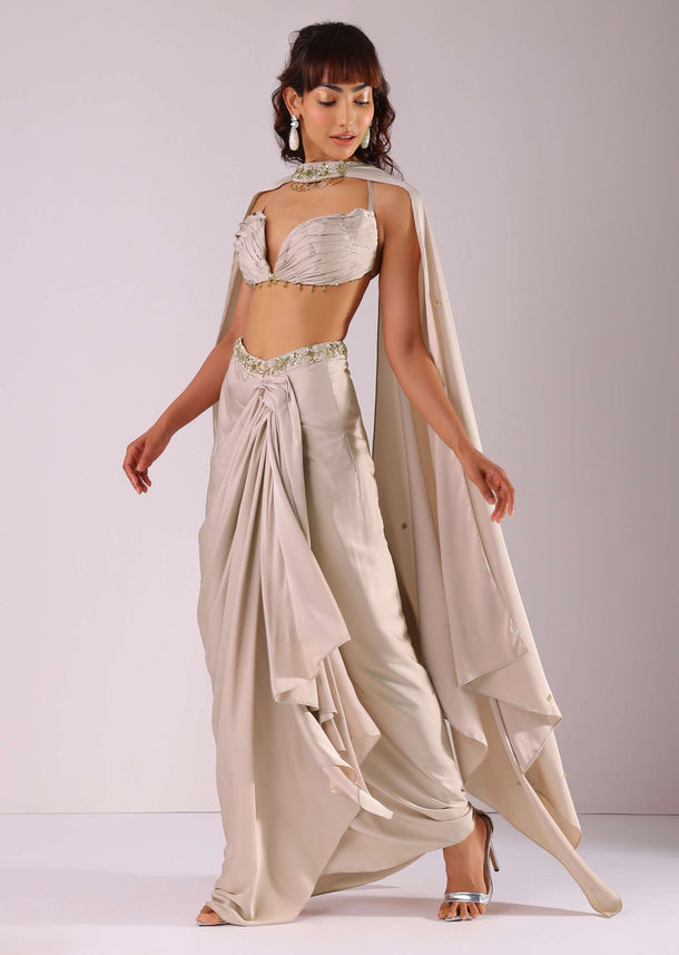 Beige Pleated Skirt And Top With Embroidered Choker Dupatta