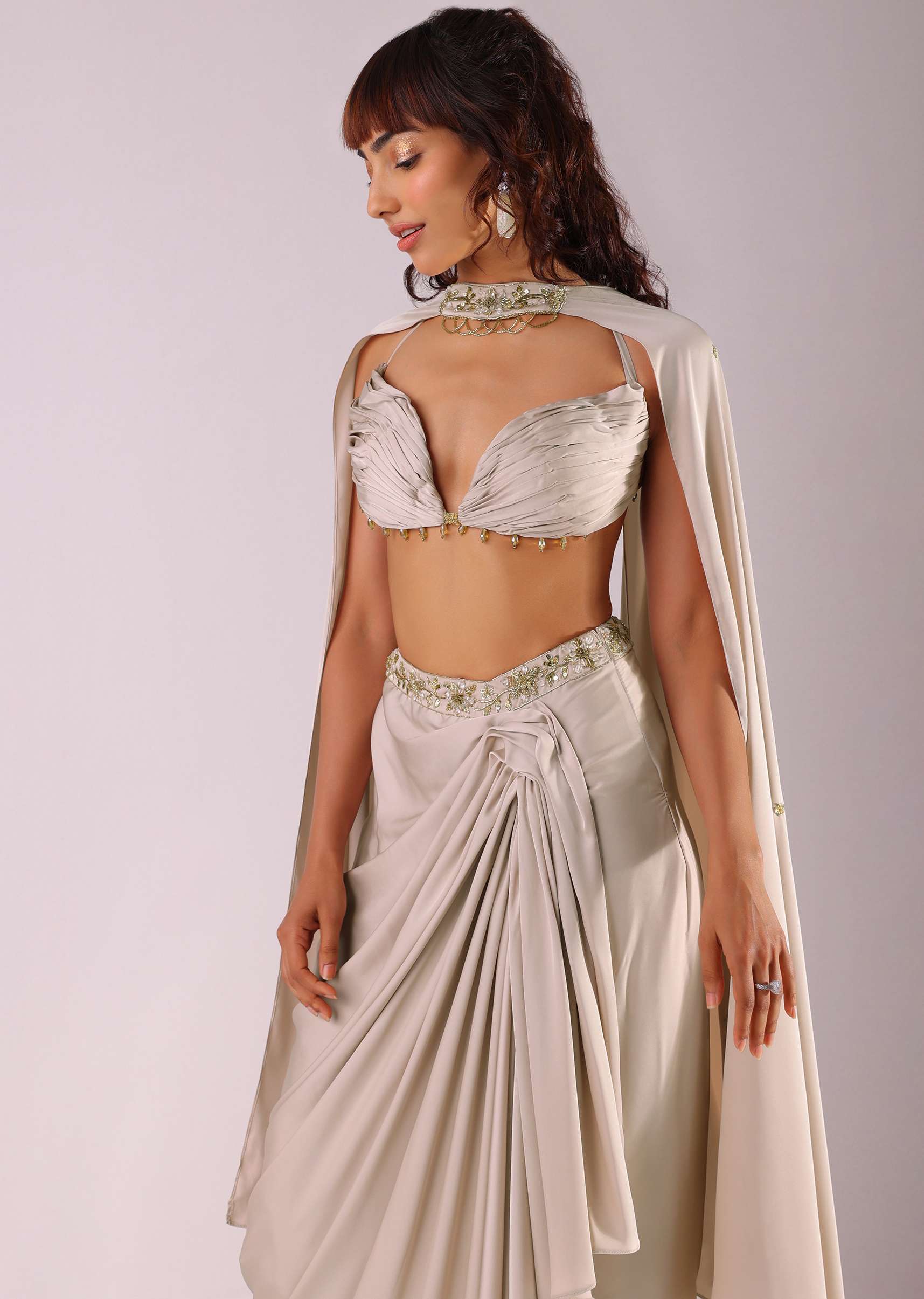 Beige Pleated Skirt And Top With Embroidered Choker Dupatta