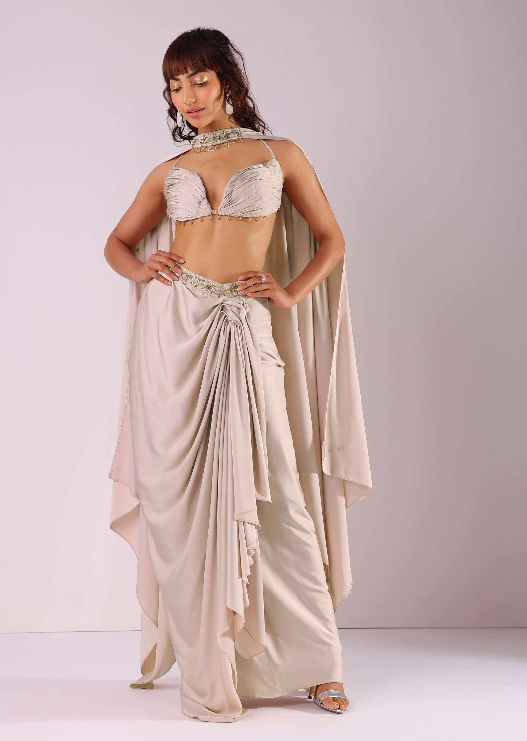 Beige Pleated Skirt And Top With Embroidered Choker Dupatta