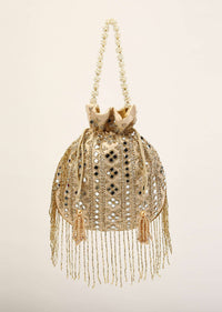 Beige Potli In Satin With Hand Embroidery Detailing Using Mirror And Cut Dana Fringes