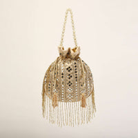 Beige Potli In Satin With Hand Embroidery Detailing Using Mirror And Cut Dana Fringes