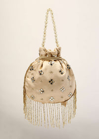 Beige Potli In Satin With Hand Embroidery Detailing Using Mirror And Cut Dana Fringes
