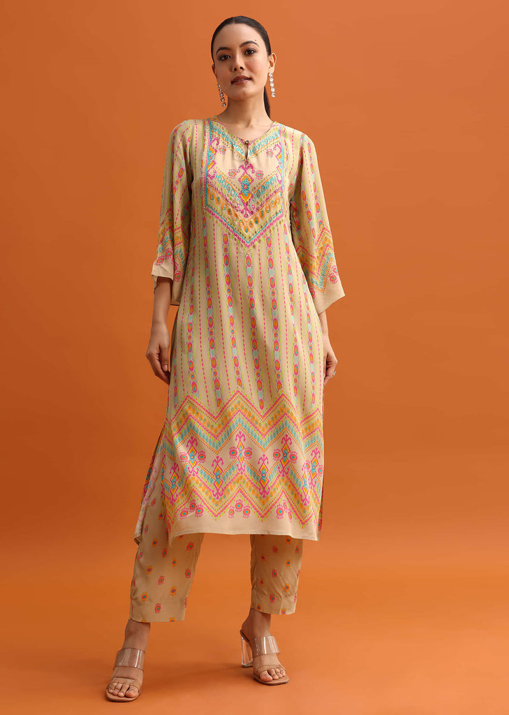 Beige Printed Kurta And Pant