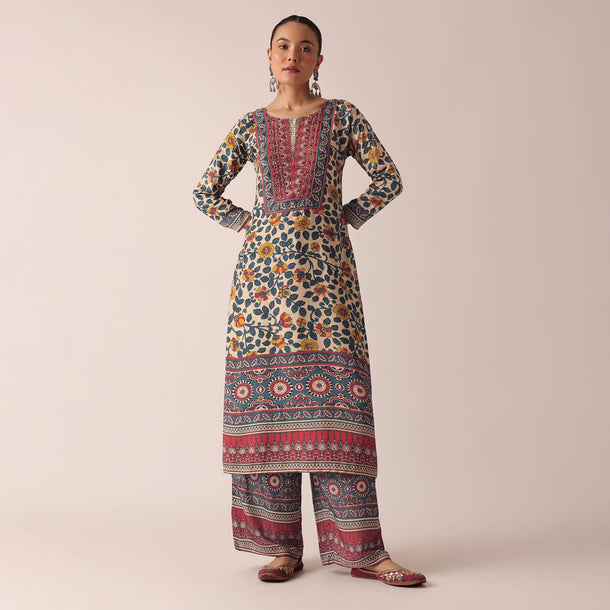 Beige Printed Kurta And Pant Set