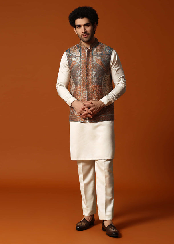 Beige Printed Kurta Jacket Set For Men