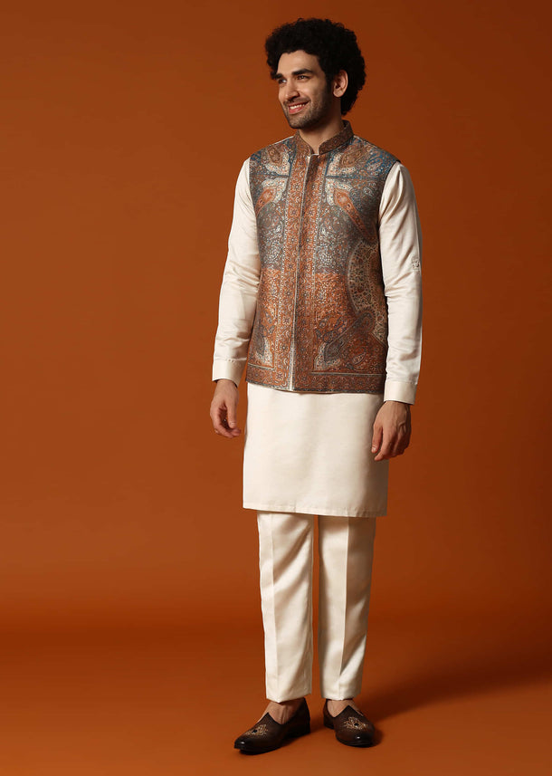 Beige Printed Kurta Jacket Set For Men