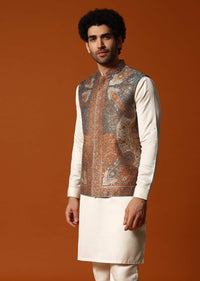 Beige Printed Kurta Jacket Set For Men