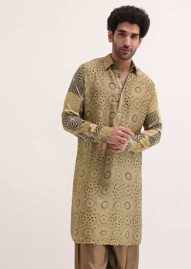 Beige Printed Kurta Patiala Set For Men