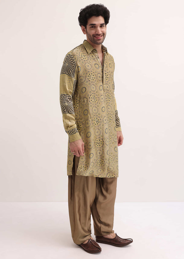 Beige Printed Kurta Patiala Set For Men