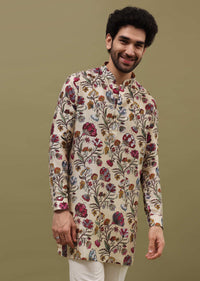 Beige Printed Kurta Set For Men