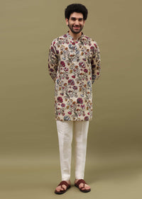 Beige Printed Kurta Set For Men