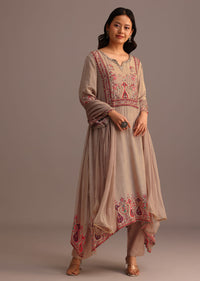 Beige Printed Kurti Pant Set With Chiffon Dupatta