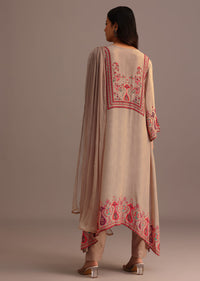 Beige Printed Kurti Pant Set With Chiffon Dupatta